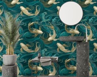 Chinoiserie Koi Fish Wallpaper: Teal & Gold Japanese Wall Mural