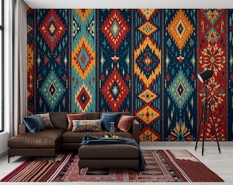 Southwestern Pattern Peel and Stick Wallpaper, Non-Woven Geometric Tribal Mural, Vinyl Aztec Bohemian Decor, Colorful Ethnic Print