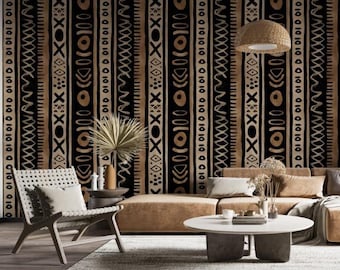 Tribal Geometric Peel and Stick Wallpaper: African Art Boho Design