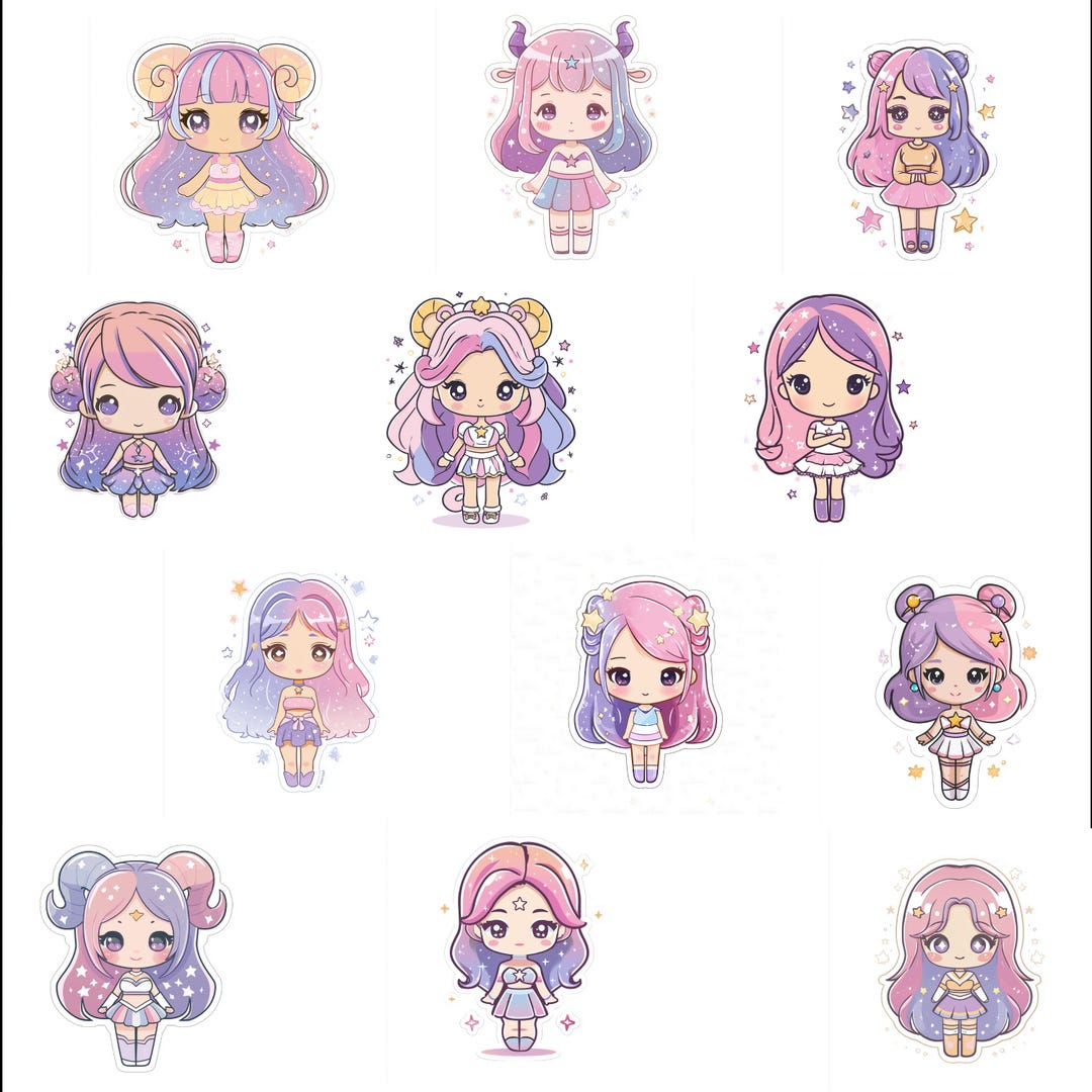Zodiac Girl PNG Bundle – 12 Cute Kawaii Signs – Digital Stickers for ...