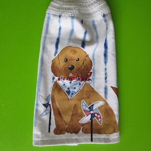 Patriotic Dog Crochet Top Hanging Terry Kitchen Hand Towels