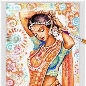 May include: An original painting of a woman in traditional Indian attire. The artwork features a woman in a colorful sari, adorned with jewelry, and a headpiece. The background is decorated with floral and swirl patterns, and the color palette includes orange, yellow, and blue.