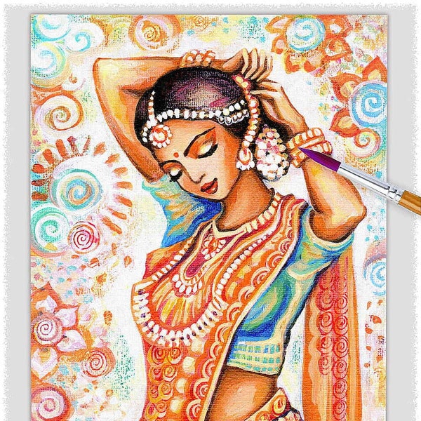 Beautiful Indian woman in sari artwork, exotic desi hindu, boho ethnic portrait