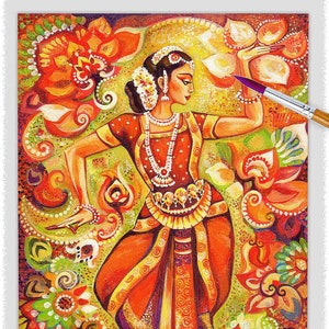 Indian classic dancer artwork, Bharatanatyam, hands henna woman sari dress image 1