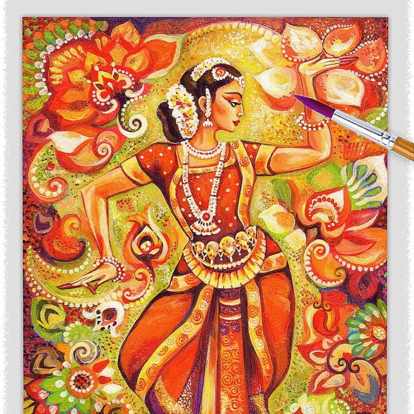 Indian classic dancer artwork, Bharatanatyam, hands henna woman sari dress