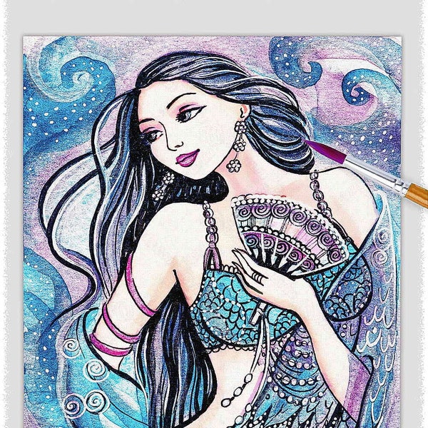 Exotic dancer Indian mermaid, home decor artwork, sea girl fantasy art