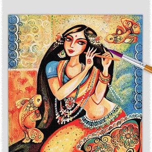 Indian dancer home decor artwork, Madhubani mermaid print image 1