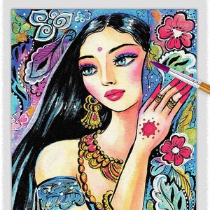 May include: A colorful painting of a woman with long black hair wearing a blue and gold outfit and jewelry. She has a red dot on her forehead and is surrounded by flowers. The painting is signed "Evita Works" in the bottom right corner.