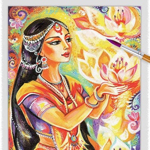 East woman praying artwork, lotus flower mudra, divine feminine