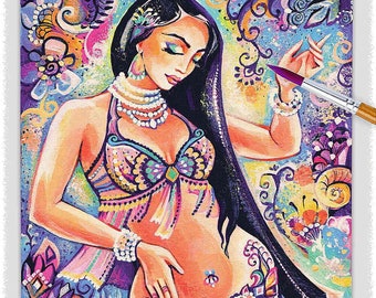 Belly dancer woman artwork, exotic dance costume