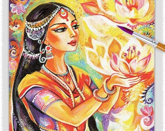 Lotus Prayer Meditation Art Print – Praying Indian Woman, Spiritual Bohemian Wall Art