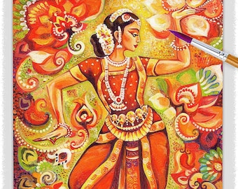 Indian classic dancer artwork, Bharatanatyam, hands henna woman sari dress