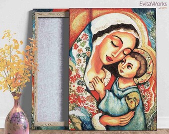 Blessed Mother, Mary and Jesus, child of God, canvas icon, modern Christian art decor