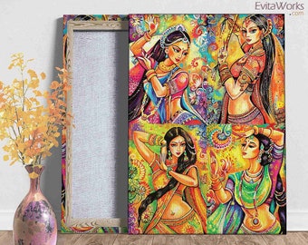 Mujer bailarina india 4 en 1 sobre lienzo, diosas indias, políptico