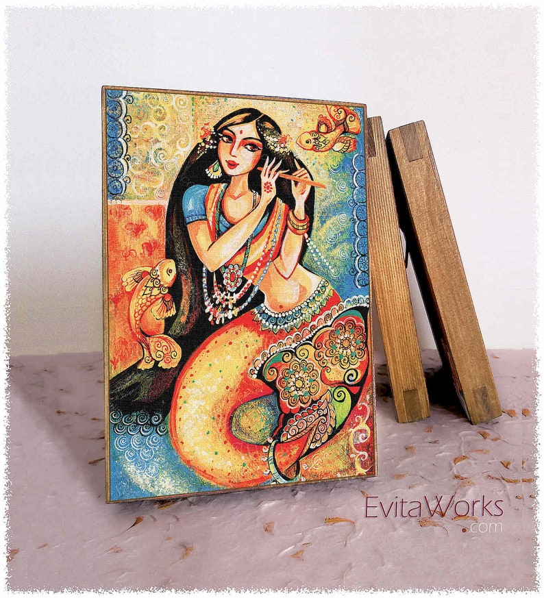 Desi dancer Indian mermaid home on natural wooden block, divine feminine image 1