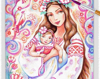 Mother and daughter artwork, mother's love, spiritual maternity, mother and baby print