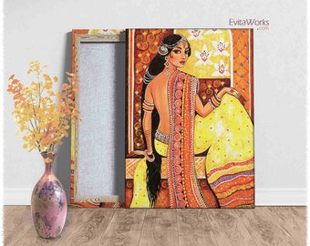 Indian woman in sari on canvas, Indian goddess art decor