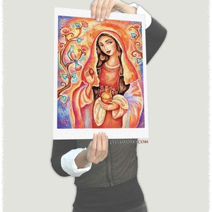 May include: A colorful painting of a woman with long dark hair wearing a red and yellow dress and a white veil. She is holding a pomegranate and a small golden jar. A blue bird is perched on a branch in the background.