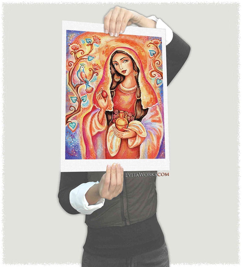 May include: A colorful painting of a woman with long dark hair wearing a red and yellow dress and a white veil. She is holding a pomegranate and a small golden jar. A blue bird is perched on a branch in the background.