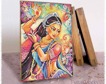Indian dancer woman print on natural wooden block, henna tattoo, Mudra hands