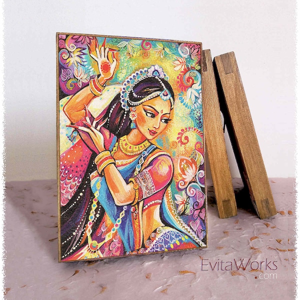 Indian dancer woman print on natural wooden block, henna tattoo, Mudra hands