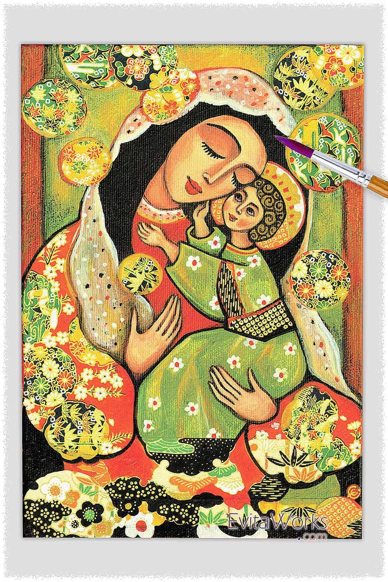 Blessed Mother Mary and Jesus child of God artwork, modern Christian art image 1