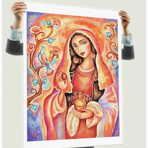 May include: A colorful painting of a woman in a red and purple robe holding a jug and a red fruit. She is surrounded by a vibrant floral design with a blue bird perched on a branch.