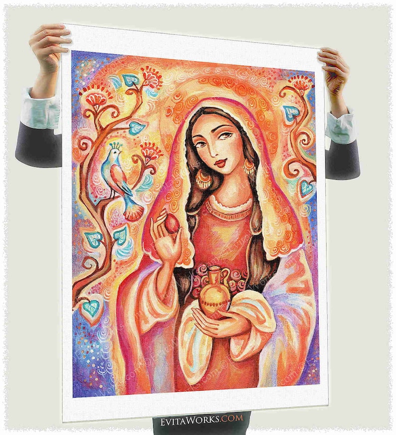 May include: A colorful painting of a woman in a red and purple robe holding a jug and a red fruit. She is surrounded by a vibrant floral design with a blue bird perched on a branch.