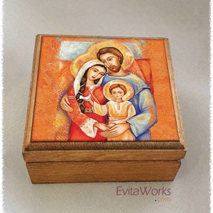 Holy Family, Nativity scene print on natural wooden box, a Savior is Born, Catholic home altar, rosary treasure memories trinket chest