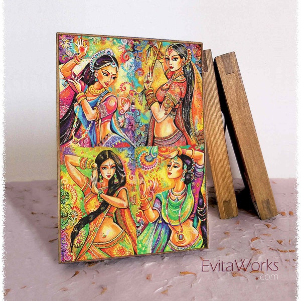 4-in-1 Indian dancer woman print on natural wooden block, Indian goddesses, polyptych