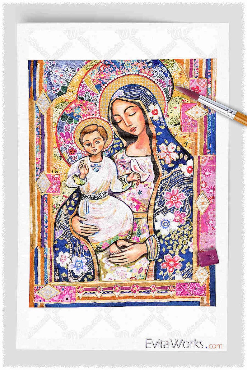 Panagia Eleousa, Mary and Jesus, child of God, print on natural wooden block icon, modern Christian art decor image 2