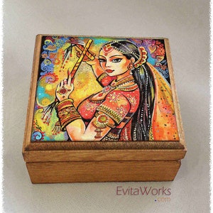 Indian dancer woman print on natural wooden box, Bollywood dancing, treasure memories trinket chest image 1