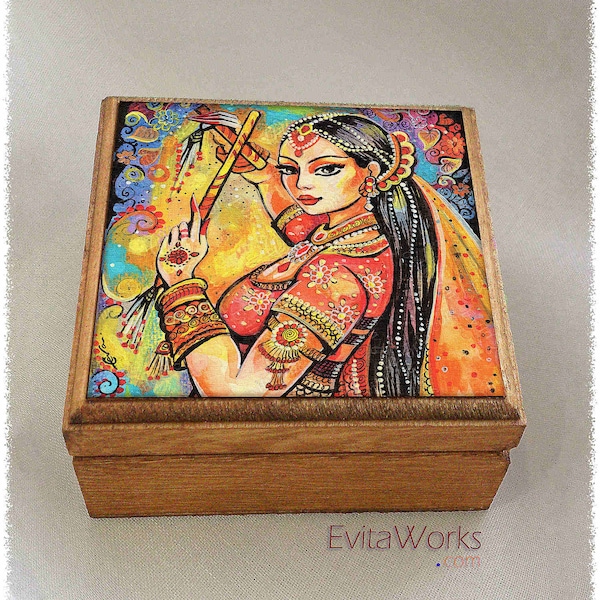 Indian dancer woman print on natural wooden box, Bollywood dancing, treasure memories trinket chest