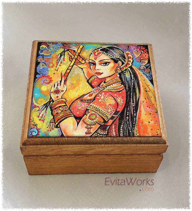 Indian dancer woman print on natural wooden box, Bollywood dancing, treasure memories trinket chest image 1