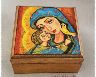 Blessed Mother Mary and Jesus child of God print on natural wooden box, modern Christian art, rosary treasure memories trinket chest