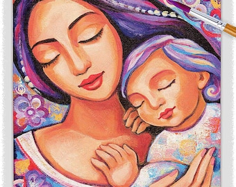 Mother loving child artwork, spiritual maternity, mother and child print