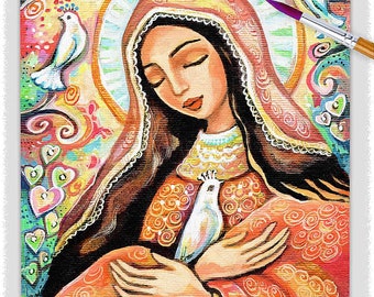 Può includere: Un dipinto colorato di una donna con gli occhi chiusi che tiene un colombo bianco nelle sue mani. La donna indossa una veste rossa e arancione con un velo bianco. Lo sfondo è pieno di spirali e cuori di vari colori.
