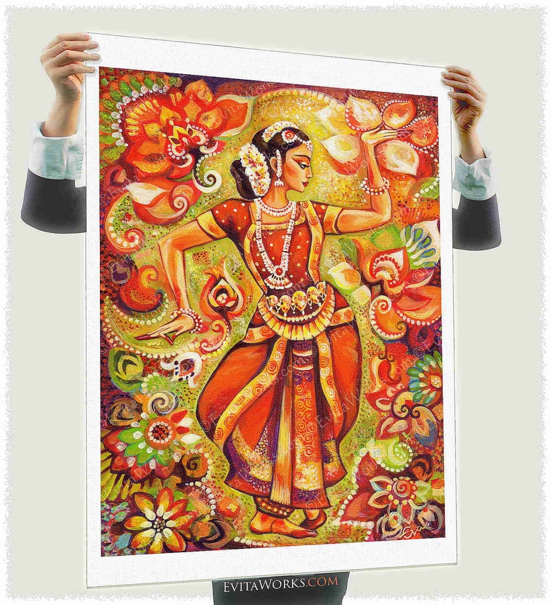 Indian classic dancer on canvas, Bharatanatyam, hands henna woman sari dress image 5
