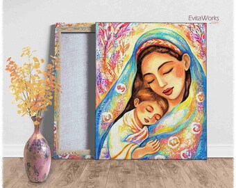 Mother loving child on canvas, spiritual maternity, modern Christian art decor