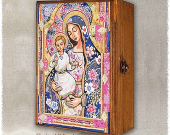 Panagia Eleousa, Mary and Jesus, child of God icon print on natural wooden box, modern Christian art, rosary treasure memories trinket chest