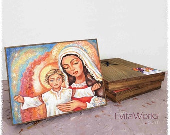 Blessed Mother Mary and Jesus child of God, print on natural wooden block icon, modern Christian art decor