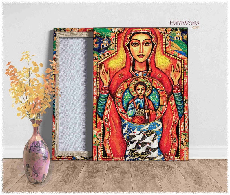 Blessed Mother Mary and Jesus child of God, canvas icon, modern Christian art decor image 1