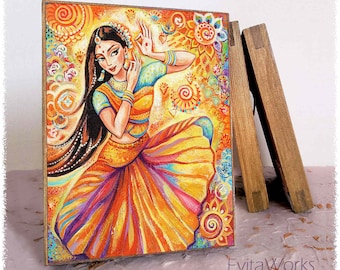 Indian classic dancer print on natural wooden block, Bharatanatyam Arangetram mudra hands