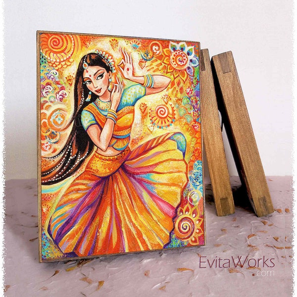 Indian classic dancer print on natural wooden block, Bharatanatyam Arangetram mudra hands