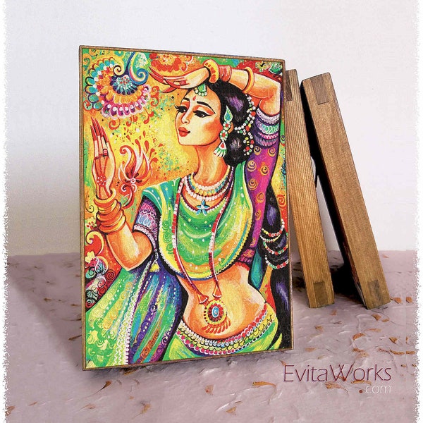 Indian dancer woman print on natural wooden block, henna tattoo, Mudra hands