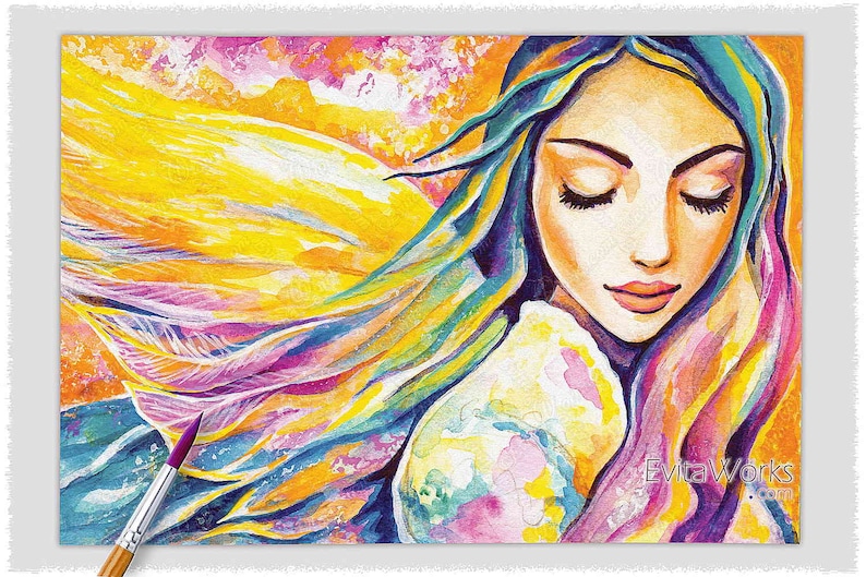 Silent angel blessing artwork, angel wings decor, spiritual painting image 1