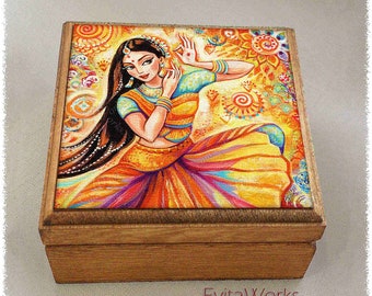 Indian classic dancer print on natural wooden box, Bharatanatyam Arangetram mudra hands, treasure memories trinket chest