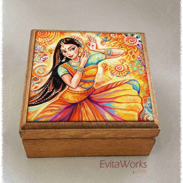 Indian classic dancer print on natural wooden box, Bharatanatyam Arangetram mudra hands, treasure memories trinket chest