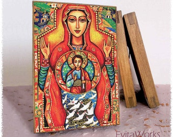 Blessed Mother Mary and Jesus child of God, print on natural wooden block icon, modern Christian art decor