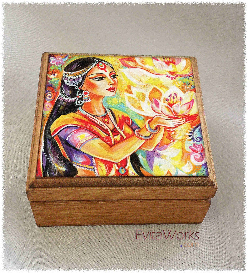 East woman praying print on natural wooden box, lotus flower mudra, divine feminine, treasure memories trinket chest image 1